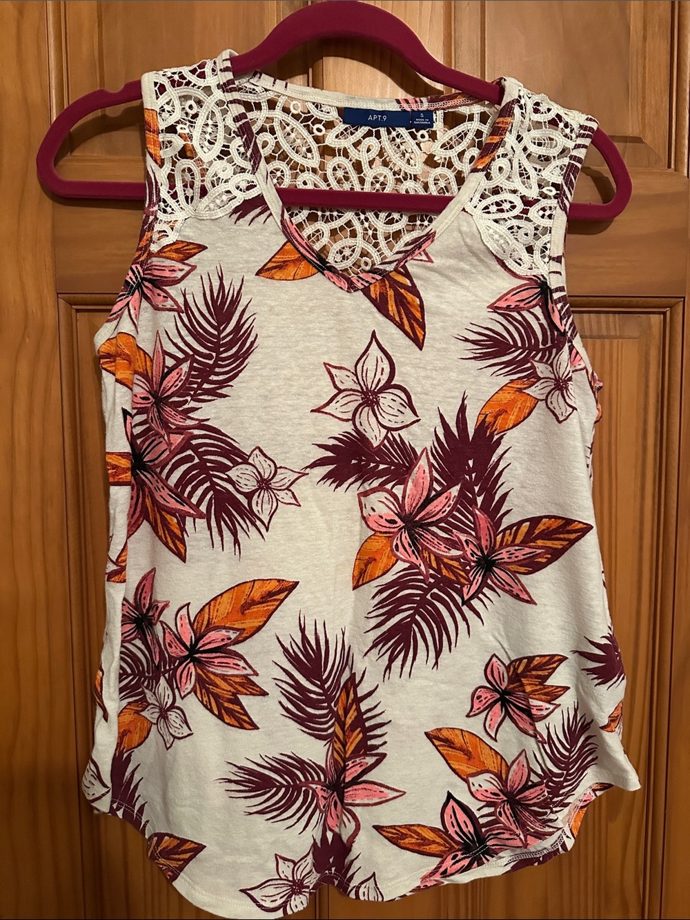 Apt. 9 Cream Floral Lace-Shoulder Tank with cranberry & salmon Print